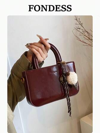 1 件勃艮第复古油蜡皮革闪亮小手提包，独特的复古风格手提包，时尚百搭，拉链开合 PU 皮革斜挎包，适合日常使用、约会、礼物