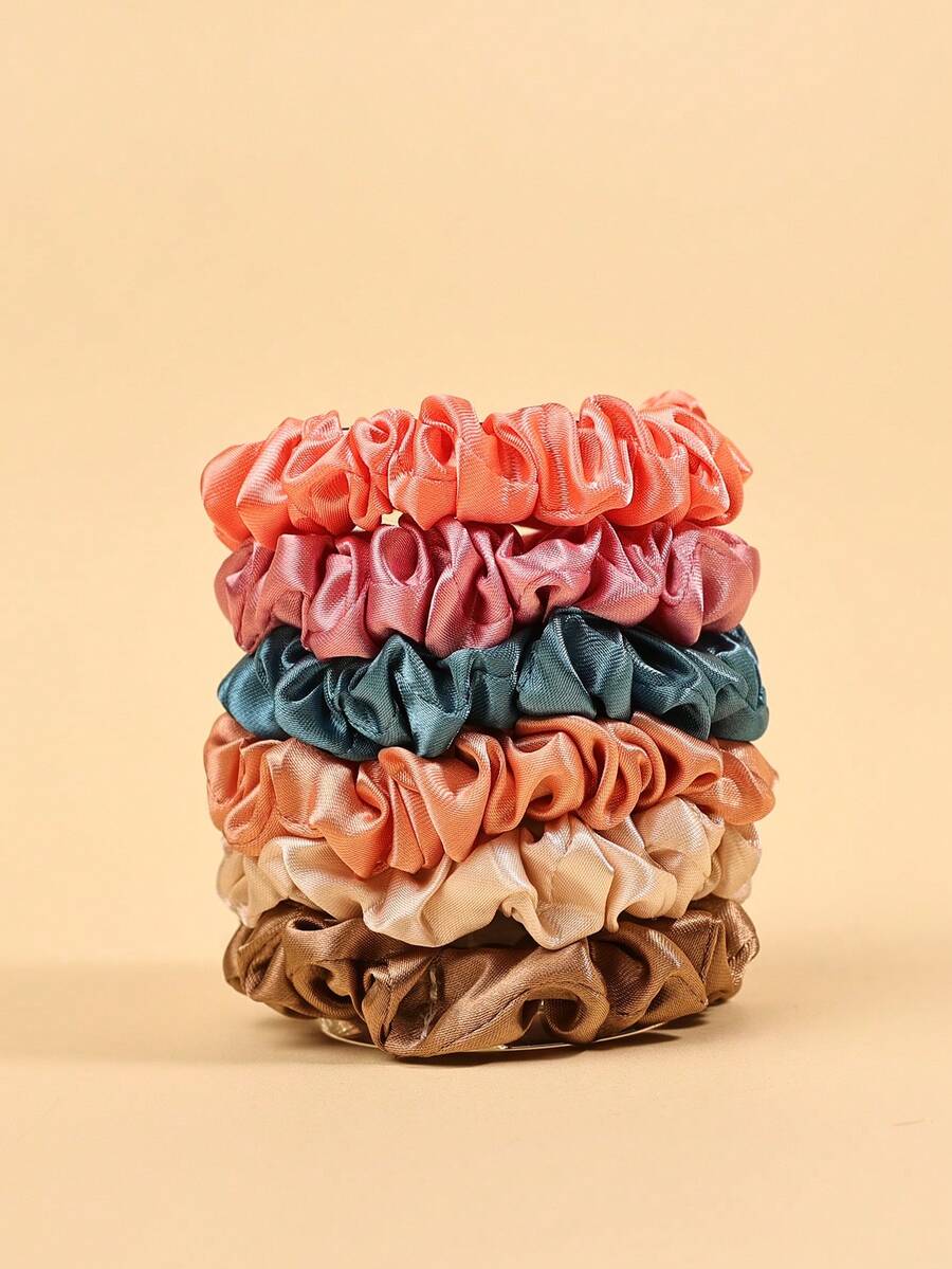 6 件/套缎面纯色弹性发带，适合女孩/女性高低马尾发型