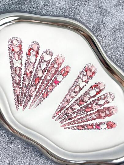 78 毫米超长尖头手工美甲，多色亮片装饰指甲贴，水钻 3D 奢华设计，全覆盖人造 DIY 闪亮假指甲，10 件/包按压式指甲美甲用品