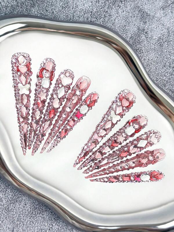 78mm Unhas de Arte Artesanais Muito Longas e Pontiagudas, Folhas de Unha Multicoloridas com Decoração de Lantejoulas, Design Luxuoso 3D com Strass, Unhas Falsas Brilhantes de Cobertura Total DIY, 10 Peças/Pacote Unhas Postiças Adesivas, Suprimentos de Unhas