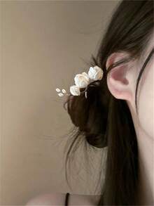 1个女士优雅新款中国风仿玉玉兰花U型发夹，适合马尾辫、半丸子头、日常穿搭、波西米亚风发饰、丸子头延长发夹、丸子头发片、丸子头造型器、发夹、发卡、发饰、学生用品、发卡、头饰