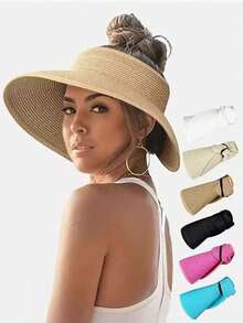 Women's Sun Visor Hats Wide Brim Straw Beach Hat Ponytail Hats For Women Foldable Floppy - A - View 1