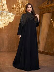 UNITHORSE Plus 女装优雅立领长袖重工烫钻缎面超长气质晚礼服 - 黑色 - 查看 3