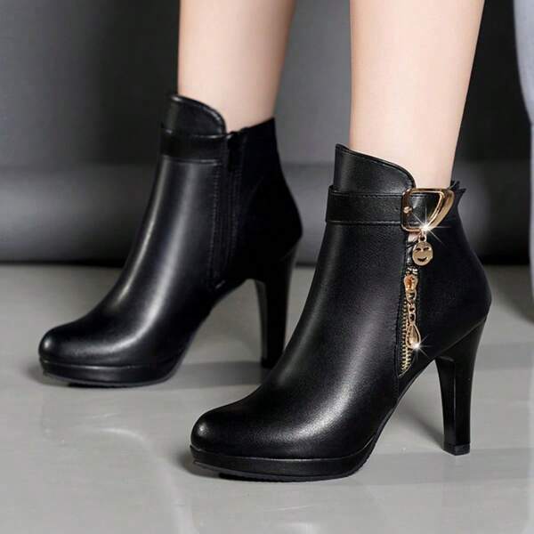 1 Pair Women Minimalist Ankle Boots - Solid Color, Round Toe, High Heel, Zipper Closure, Synthetic Upper/Lining, Rubber Sole, Fabric Insole - Fashionable All-Season Footwear