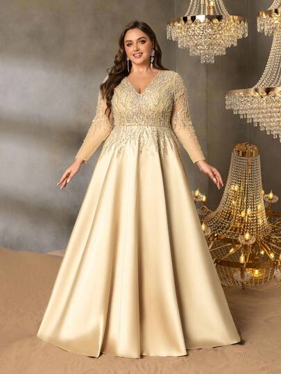 Elisanya Curve Plus Size V 领长袖串珠 A 字晚礼服 | 带有精致装饰的正式礼服（庆典、婚礼嘉宾、舞会、晚会、黑色领带）