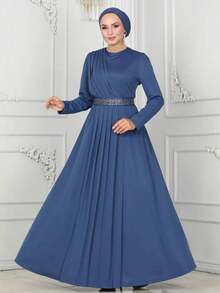 GDfashion 女士藏蓝色褶皱长款连衣裙，饰有腰带，伊斯兰正式长袖长袍，春季款 - 藍色 - 查看 8