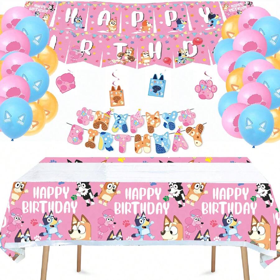 Bluey 粉色布鲁伊生日派对装饰粉色卡通狗派对用品纸盘纸巾纸杯桌布糖果盒