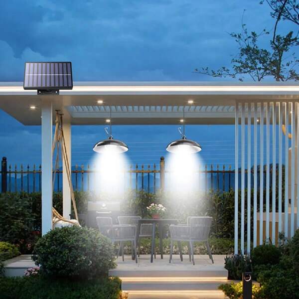 2 piezas/1 pieza Lámpara colgante con energía solar de doble cabezal, instalación portátil, adecuada para patio, invernadero, aleros, iluminación interior, cobertizo de almacenamiento, terraza