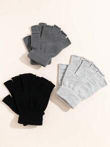 3 Pairs Casual Versatile Solid Color Half Finger Gloves