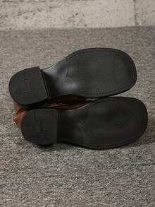 Botas de moda para mujer, tacón ancho marrón, suela de goma cómoda, punta redonda, hebilla retro, caña alta, botas altas estilo francés, botas vaqueras polivalentes, adecuadas para personas de estatura baja