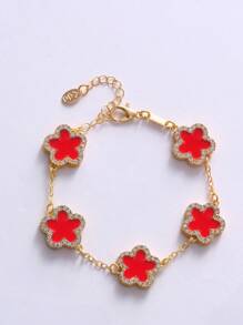 1 pulseira feminina elegante com trevo vermelho incrustado, adequada para uso diário (sem embalagem)