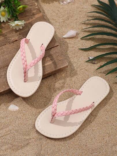 1 双粉色少女时尚拖鞋，纯色柔软 PU 编织材质人字拖设计圆头平底防滑轻便舒适，适合海滩、日常休闲、学生、居家室内/室外穿着，夏季新品