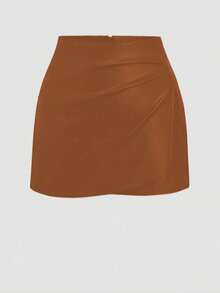 LIU ME Faux Leather Skirt With Front Drape - Camel - View 1
