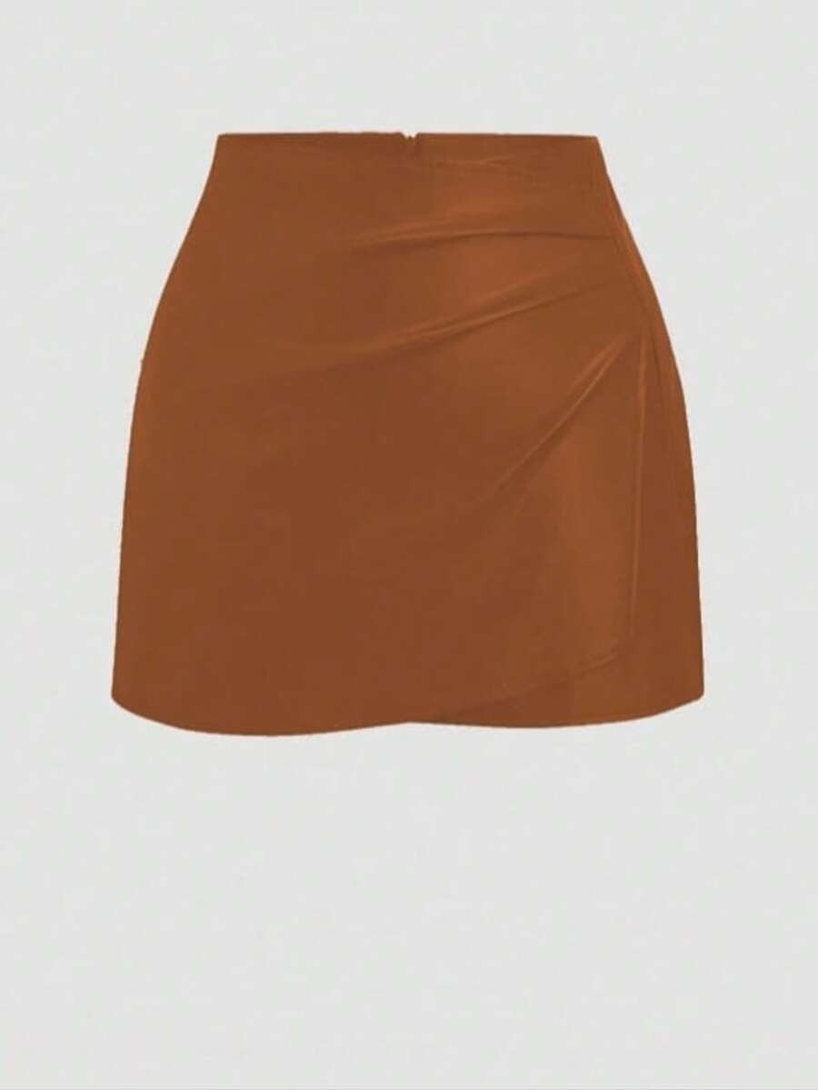LIU ME Faux Leather Skirt With Front Drape - Camel - View 1
