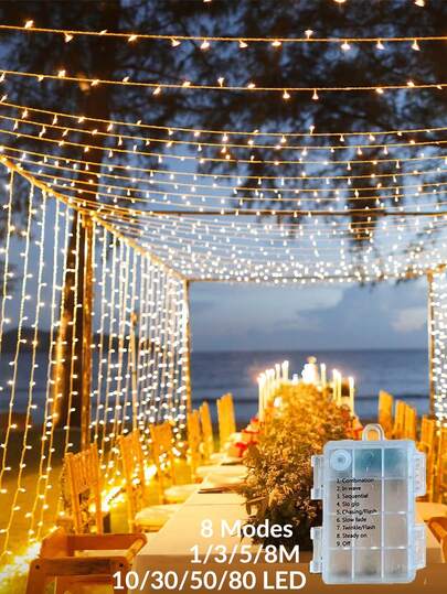1 pieza Luces LED de cadena alimentadas por batería con 8 modos, longitud de 1/3/5/8m, iluminación ajustable, adecuadas para dormitorio de niños, decoración de habitación interior, decoración de pared, fiesta de boda, cumpleaños, camping al aire libre, decoración de árboles en el jardín, resistente al agua