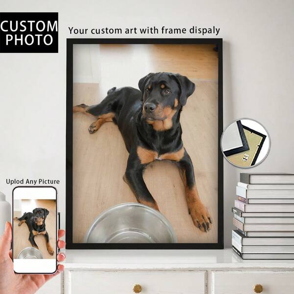 1 Pc, Custom Photo, Polished Plexiglass Wooden Frame,Customized Pet Portraits, Dogs, Cats, And Artistic Decorative Paintings,Personalized Canvas Printed Poster Art, Perfect For Families, Couples, Pets' Memories, And A Perfect Gift For Anniversaries
