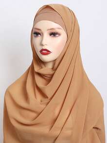 2 件/套女士纯色仿珍珠雪纺头巾 + 内筒帽，雪纺披肩头巾套装，适合 Abaya 配饰面纱服装 - 駝色 - 查看 10
