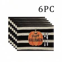 1/4/6 Stücke Halloween Serie mit gestreiften, Geister- und Kürbisdruck dekorative Tischsets/Untersetzer, 100% Leinen, handwaschbar - ideal für Esstische, Restaurants, Geburtstag & Party Dekoration, Heimdekoration