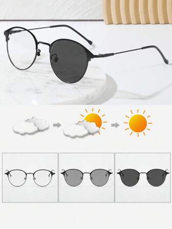 1 Stück neue runde metallische und photochromatische Brillen, sowohl für Rezepte als auch für Mode-Dekoration, lässige Sonnenbrillenzubehör für den Strand, Sommerurlaub, Outdoor, Reisen