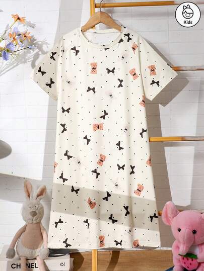 Fashionable And Casual Girl's Teddy Bear And Bow Printed Round Neck Short Sleeved Dress For Home Wear, Creating A Comfortable Princess Fan's Daily Rest Clothing In Spring, Summer, And Autumn