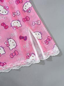 SANRIO 1pc Nữ  màu hồng dễ thương in kỹ thuật số, Bộ đồ ngủ màu hồng, Váy ngủ dễ thương, Cổ chữ V, Ren tương phản, Xẻ tà bên hông, Lưới mỏng & hở lưng, Váy lót gợi cảm, Rave cho đi chơi - Hồng - Xem 10
