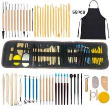 55 件陶瓷雕刻工具包，包括围裙、聚合物粘土工具、造型工具、细节雕刻笔、轮盘、7 个环形工具、陶器雕刻工具套件