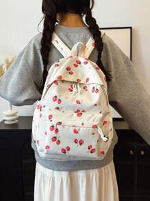 1pc, Versatile, Fashionable, High-Value, Niche Design, Casual, Cute, Sweet, Hand-Held Backpack, Fabric Letter Strawberry Print, Adjustable Shoulder Strap, Large Capacity, Multi-Pocket Backpack, Suitable For Women'S Daily Commuting And Going Out For Shopping And Play