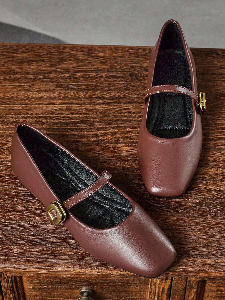 Mocasines casuales con punta cuadrada y hebilla decorativa marrones para mujer, con botón dorado, versátiles para oficina, exterior, primavera/verano, clásicos bailarinas para mujer - Marrón - Ver 1