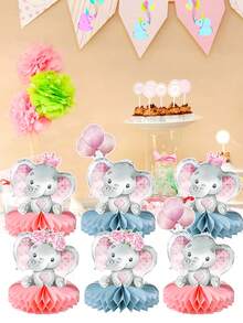 6 piezas Centros de mesa de panal con diseño de elefante rosa para baby shower, decoración de panal con patrón de flor y elefante rosa para fiesta de revelación de género, suministros para fiesta de cumpleaños, nacimiento de niño/niña, decoración para celebración, decoración para revelación de género, decoración para baby shower, centro de mesa, regalo para baby shower, base de panal, decoración de foto para fiesta - Elefante rosa - Ver 3