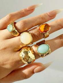 9-5 件复古时尚优雅复古硬币金属多元素彩色宝石、猫眼、水晶镶嵌亚克力可调节戒指套装，厚实锤纹不对称几何戒指，波西米亚风格多层堆叠戒指，适合女士、男士、情侣、夏季、度假、派对、婚礼、日常搭配、节日礼物 - 彩色 - 查看 6