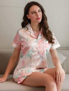 Ladies Casual Short Sleeved Shorts Pajamas Set, Multi Pattern Style, Comfortable Fit, Button Up Pocket, Summer, Casual Style Short Sleeved Shirt