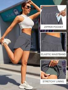 Women'S Athletic Running Shorts, Workout Gym, Elastic Waist Quick Dry Sports Shorts, High Waisted Yoga Workout Shorts With Mesh Liner Zipper Pockets - 深灰色 - 查看 3