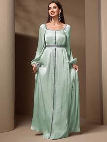 Women's Elegant Sequin Splice Lantern Sleeve Dress, Spring/Summer - Green - View 1