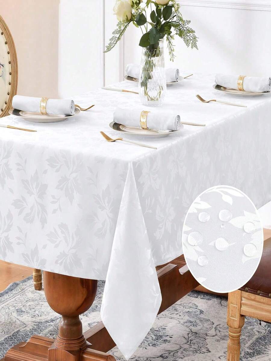 Water-Repellent, Splash-Proof Jacquard Rectangular Tablecloth, Leaf Pattern Decorative Thick Fabric Tablecloth Suitable For Dinner, Party, Holiday - White - View 1