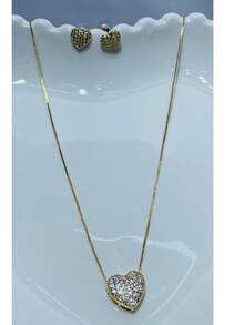 ZIRCONIA PLATED NECKLACE AND EARRING SET - GOLDEN HEART - View 4
