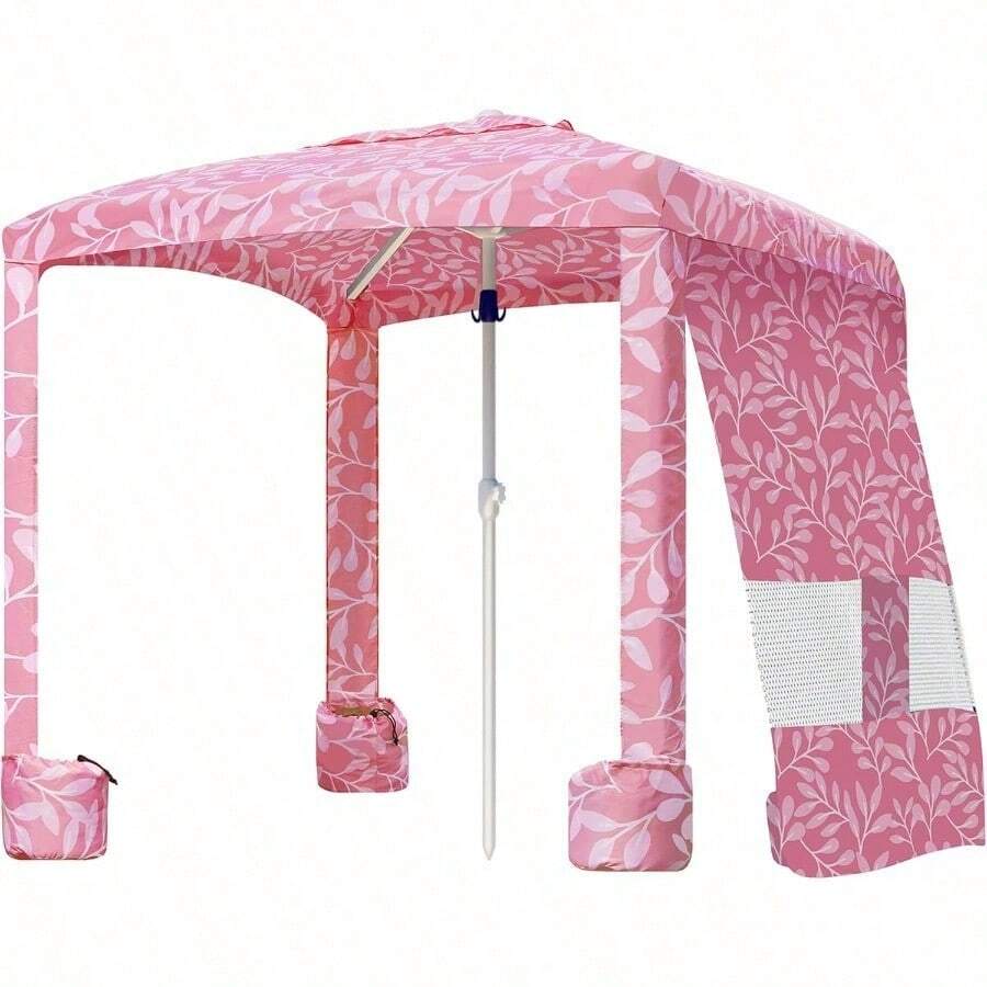Beach Cabana 6.2'*6.2' Beach Canopy Easy Set Up And Take Down Cabana Tent With Sand Pockets Instant Sun Shade With Side Wall Pink Leaf - 粉紅葉 - 查看 1