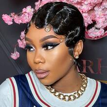 Chic Finger Wave Pixie Cut Wig With Bangs For Women - 180% Density 4inch Brazilian Remy Human Hair, Ocean Wave Style, Short Mommy Hair, Perfect For Daily Wear And Parties - Natural Black - View 6