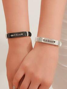 ATLVXJL 2 件/套夜光情侣/友谊皇冠不锈钢和硅胶手链套装，她的国王和他的王后，休闲情侣首饰适合日常佩戴和情人节礼物 - 彩色 - 查看 2