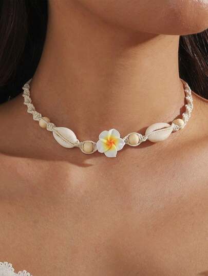 A Bohemian Necklace, A Beach Necklace, Hand-Woven Soft Clay Flower Sea Shell Necklace