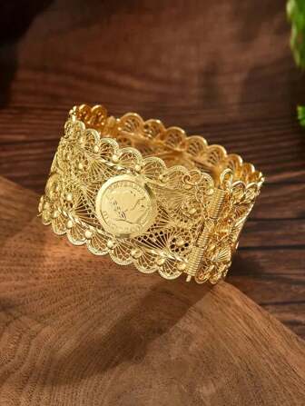 1 Piece Of Retro Arabic Style 18K Gold Galvanized Alloy Bracelet, December Birthday Stone, Synthetic Stone, Hollow Carving Design, Adjustable Wrist Opening, Suitable For Women, Perfect For Weddings And Gifts, Suitable For Wearing All Seasons