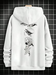 Men's Casual Street Angel & Letter Print Drop Shoulder Loose Pocket Drawstring Hoodie, Thermal Lined, Autumn/Winter, Long Sleeve Top - White - View 4