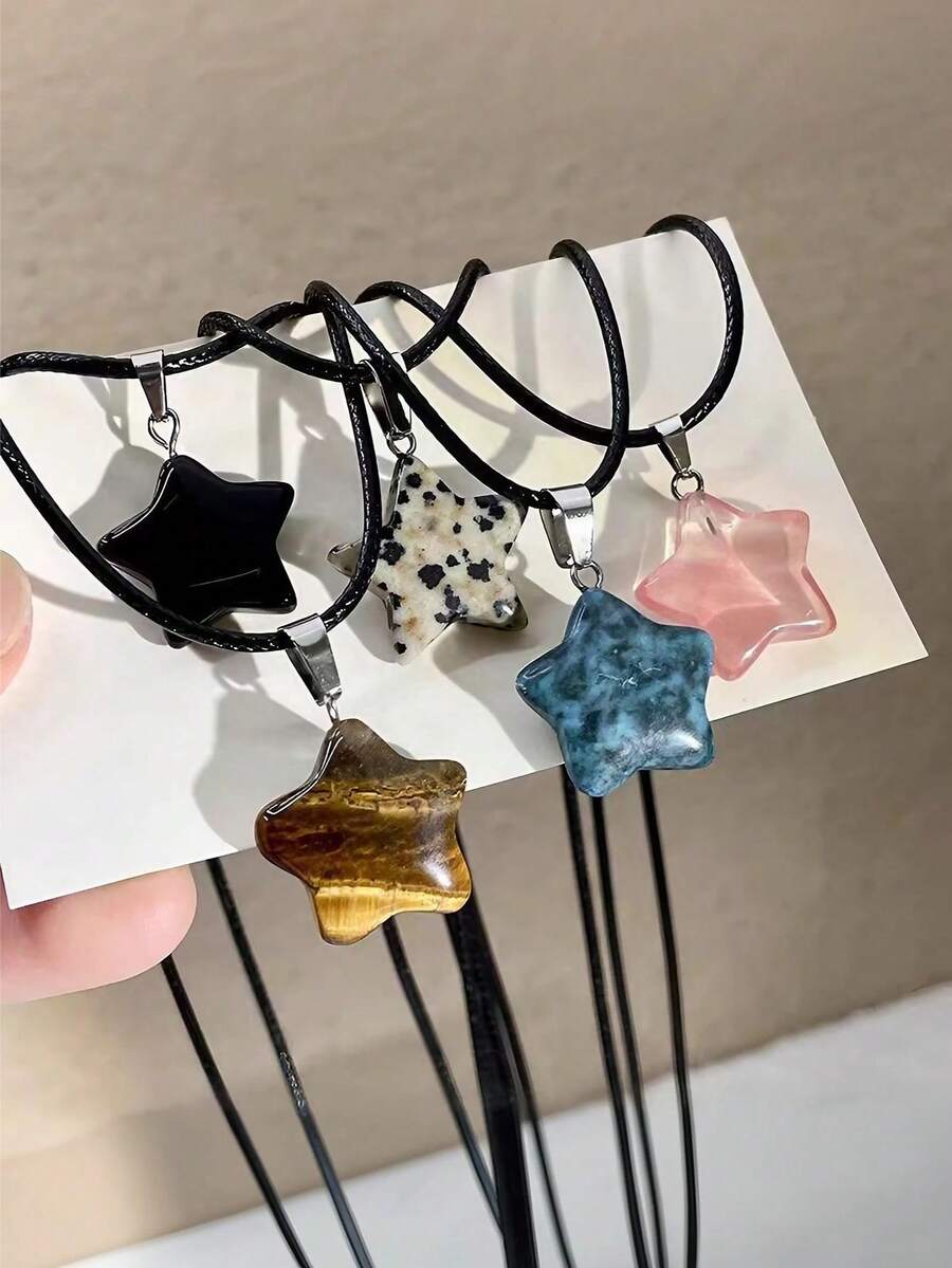 5 件天然石星形吊坠项链，酷炫甜美皮革绳颈链，独特高端时尚嘻哈项链，适合女士 - 彩色 - 查看 1