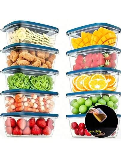 Conjunto de 10 recipientes para almacenamiento de alimentos apilables con tapas, cajas de almuerzo de plástico, aptos para granos, carne, frutas y verduras - Aptos para lavavajillas y microondas