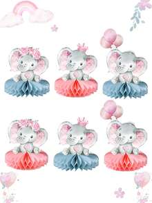 6 piezas Centros de mesa de panal con diseño de elefante rosa para baby shower, decoración de panal con patrón de flor y elefante rosa para fiesta de revelación de género, suministros para fiesta de cumpleaños, nacimiento de niño/niña, decoración para celebración, decoración para revelación de género, decoración para baby shower, centro de mesa, regalo para baby shower, base de panal, decoración de foto para fiesta - Elefante rosa - Ver 2