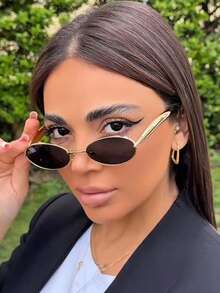 1pc Small Frame Oval Metal Fashion Glasses Advanced Retro Personalized Versatile Men And Women's Fashion Glasses Suitable For Daily Wear Street Photography Vacation Travel Summer Beach Accessories - 黑色 - 查看 3