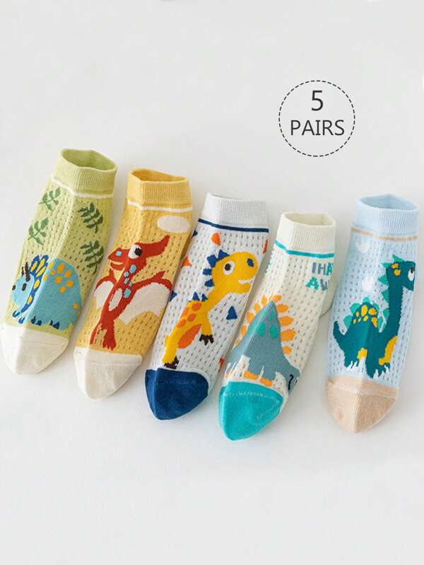 5 paires de chaussettes en maille pour enfants, chaussettes courtes pour garçons en blanc, vert, rouge, jaune, bleu, noir, orange, multicolore, couleur contrastée, patchwork, dinosaure de bande dessinée, motif de feuilles, motif de lettres, style décontracté et sportif, convenant au printemps/été, maille, tissu fin, convenant pour le port quotidien des étudiants, s'assortissant aux chaussures décontractées, aux baskets, pour la rentrée scolaire