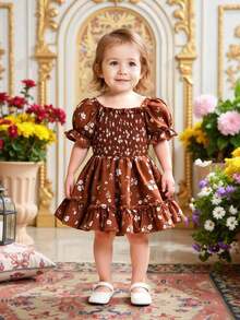 Baby Girl Embracing Bubble Sleeves Flower Printed Skirts Ha Yi - màu nâu - Xem 3