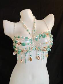 2026 Spring/Summer New Unisex Body Chain, Sexy Acrylic Crystal Pearl Sequin Shell Seashell Body Chain Metal Iron Chain Accessories For Party, Beach, Music Festival, Bikini - Màu xanh lam - Xem 10