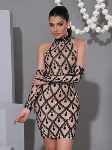 2025春季新款优雅性感女式网眼闪亮钻石露肩迷你连衣裙带手套，复活节晚会舞会亮片生日礼服 - 黑色 - 查看 4