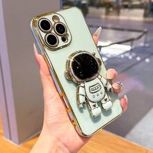 宇航员支架手机壳，可折叠电镀软壳防震保护套，适用于 17 16 15 14 13 12 11 XS XR X 7 8 Plus Pro Max Galaxy S25U S24 S23 A55 A54 A35 A25 A15 A16 A17 A06 A07、Redmi 9 10 12 13 14C T A Redmi Note 9 10 11 12 13 14、Redmi A5 电镀保护套 - 綠色 - 查看 2
